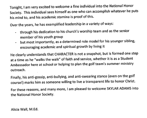 Skylar - National Honor Society - letter